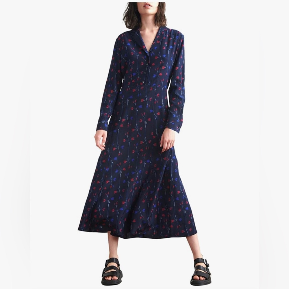 Flaw NWT $225 Thakoon Navy Tulip Print Silk Shirt Dress In Navy Size: 6
